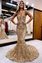 Golden Sequined Mermaid Prom Dress V Neck Evening Dress
